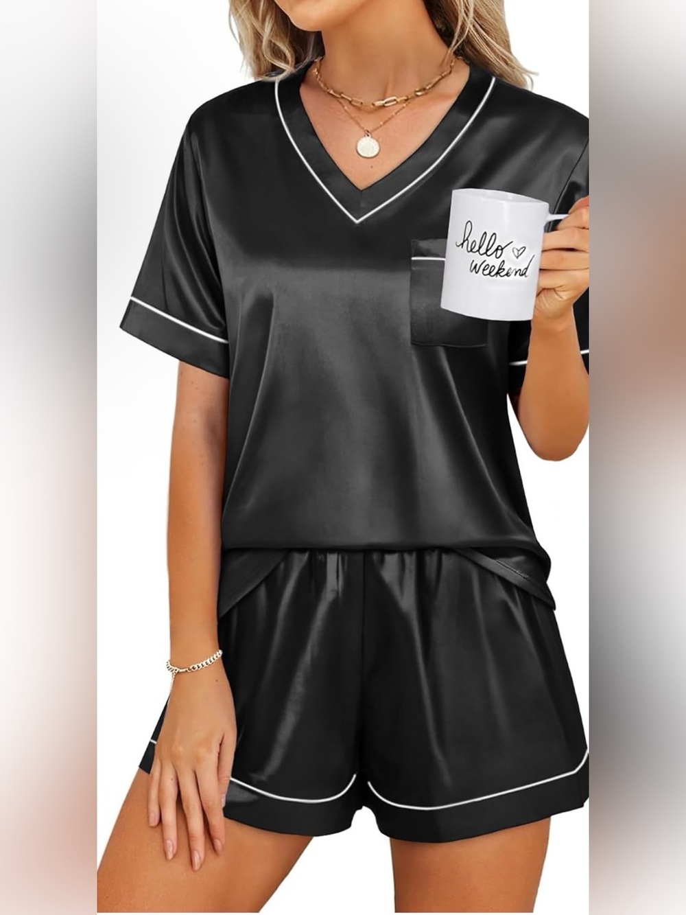 WIHOLL Silk Pajamas for Women Short Sleeve Sleepwear Soft Lounge Sets 2 Piece Sa
